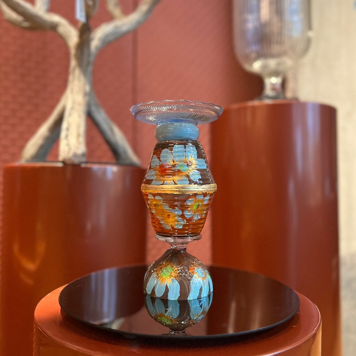 Glanskandelaar Oranje/Blauw Medium - stompkaars
