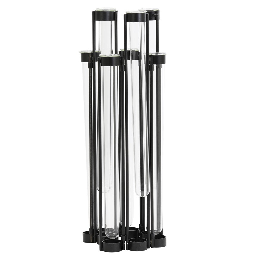 Tube vaasjes in metalen rek - mat zwart 33,5 x 3 H39 cm