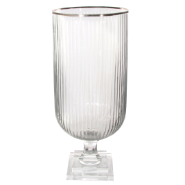 Glazen vaas met platina rand op voet H53cm